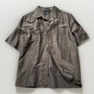 Peruvian Connection Women's Linen Silk Button Up Short Sleeve Shirt Olive Size M